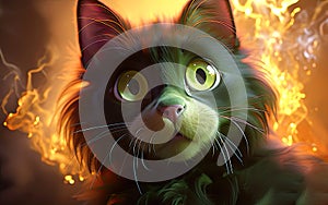 A close up of a cat with glowing wide-open surprised green eyes, cartoon style