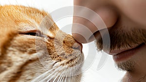 A close-up of a cat and human in a gentle nose-to-nose touch