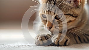 A close up of a cat laying down on the floor, AI