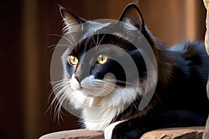 Close-up of a cat looking attentively, black and white fur