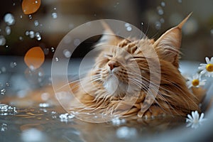 Close-up of a cat peacefully lounging in a pool of water