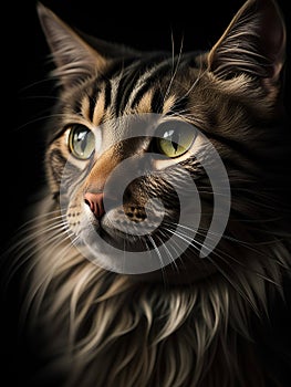 Close-up cat portrait. Low key photo technique.
