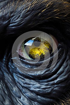 Close up of cat's eye with yellow and blue iris. Generative AI
