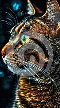 a close up of a cat\'s face on a black background with blue and green lights in the background and a