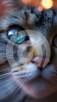 Close-up of a cat's face featuring striking blue eyes with intricate patterns and pupils dilated. photo