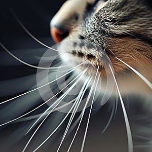 A close up of a cat's face with long whiskers, AI