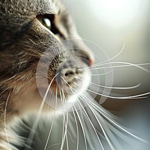 A close up of a cat's face with long whiskers, AI