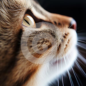 A close up of a cat's face looking upward, AI