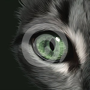 a close up of a cat\'s green eye with a black background and a white stripe on the side of the cat\'s face photo