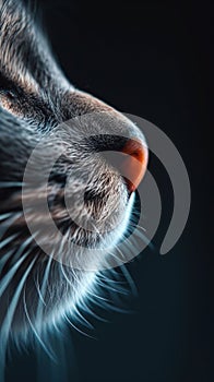 A close up of a cat's nose and eyes with black background, AI
