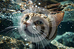 Close up of cat swimming under water