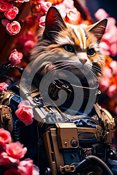 Close up of cat wearing costume with flowers in the background. Generative AI