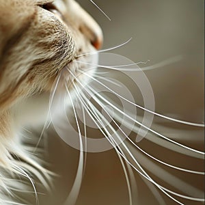 A close up of a cat's face with long whiskers, AI