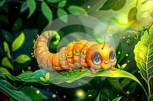 Close up of caterpillar on leaf with background of leaves. Generative AI
