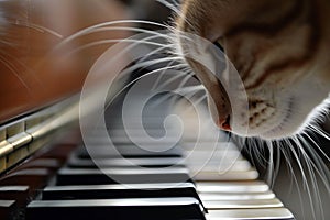 close up of cats whiskers as it peers into piano