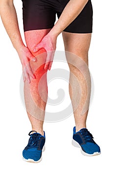 Close up of caucasian man athletic legs feeling knee pain from exercise isolated over white background