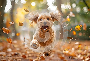 Close-up of a Cavapoo dog joyfully running through autumn leaves in a park photo
