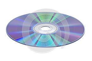 Close up of a CD positioned flat on a plain white background