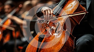 Close-up of cellist's hands playing cello in orchestra