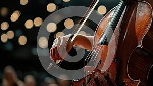 Close-up of a cellist's hands playing a cello on stage