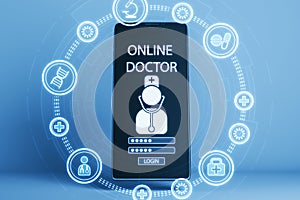 Close up of cellphone with abstract medical hologram, doctor with stethoscope and other icons on blue background. Digital