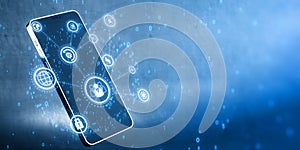 Close up of cellphone with creative connected digital business interface with various icons and binary code on blurry background.