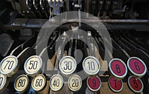 Close up of cent keys on an old cash register