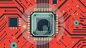 Close-up of a central processing unit on a red circuit board, representing technology and computing power