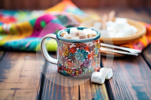 close-up of a ceramic mug with cocoa and marshmallows
