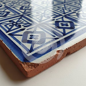 Close-up of a ceramic tile featuring a geometric pattern in deep blue