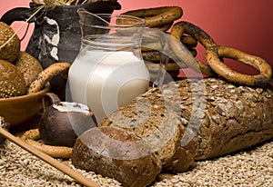 Close-up with cereal bread,grains,milk .