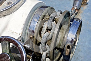 Close up of the chain and capstan mechanism of a small passenger