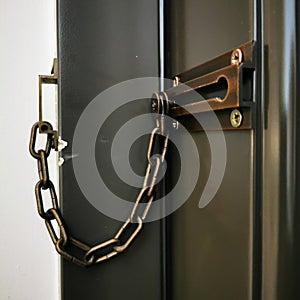 Chain lock on brown door close-up.