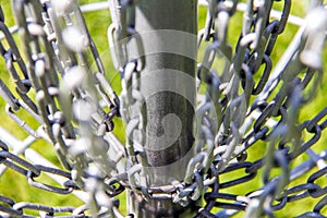 Close-up of the chains on a disc golf basket