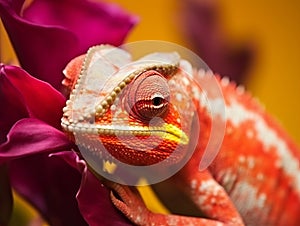 Close up of a chameleon on a purple orchid.