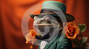 Close-up Chameleon In Renaissance Style Cowboy Hat