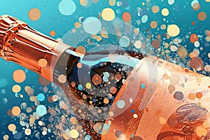 A close-up of a champagne bottle with a cork popping out, with bubbles and confetti flying around it. Generative AI