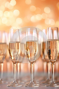 Close up of champagne flutes on golden bokeh lights background. Peach fuzz Color of Year 2024