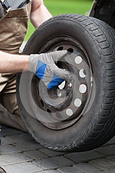 Close-up of a changing a car wheel