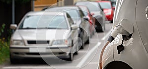 Close-up of a charging electric car