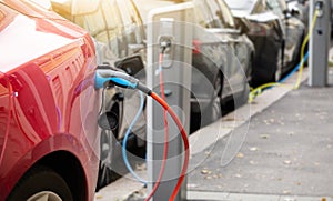 Close-up of a charging electric car