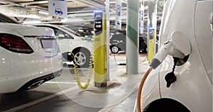 Close-up of a charging electric car