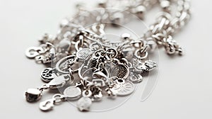 Close-up of a charm bracelet with multiple silver trinkets and tokens, showcasing craftsmanship and variety