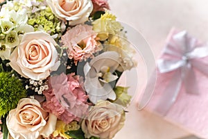 Very beautiful bouquet of flowers and giftwrap photo