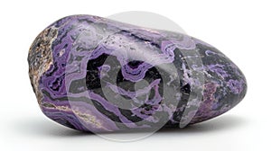 Close-up of Charoite with its stunning violet and black designs, showcased against a white background