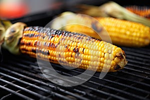 close-up of a charred corn on a grill grate