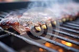 close-up of charred ribs on a hot grill