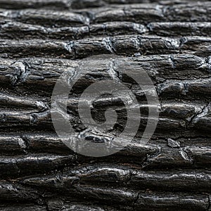 Close-up of charred wood with distinct black texture. The surface features deep
