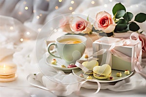 Close-up of a chaska on a bed with flowers, roses and cake. breakfast in bed photo