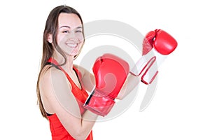 Close up of cheerful woman in fight stand red glove boxing